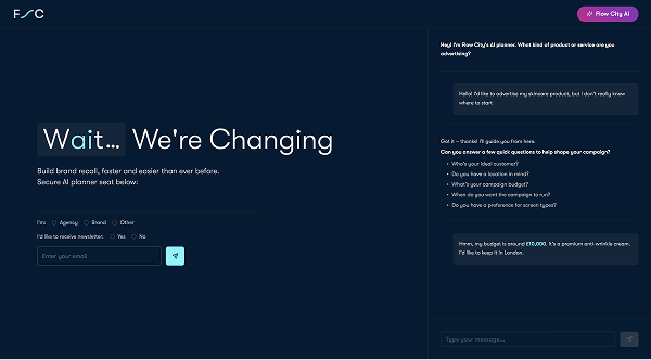Flow City AI landing page with dark theme and email signup form