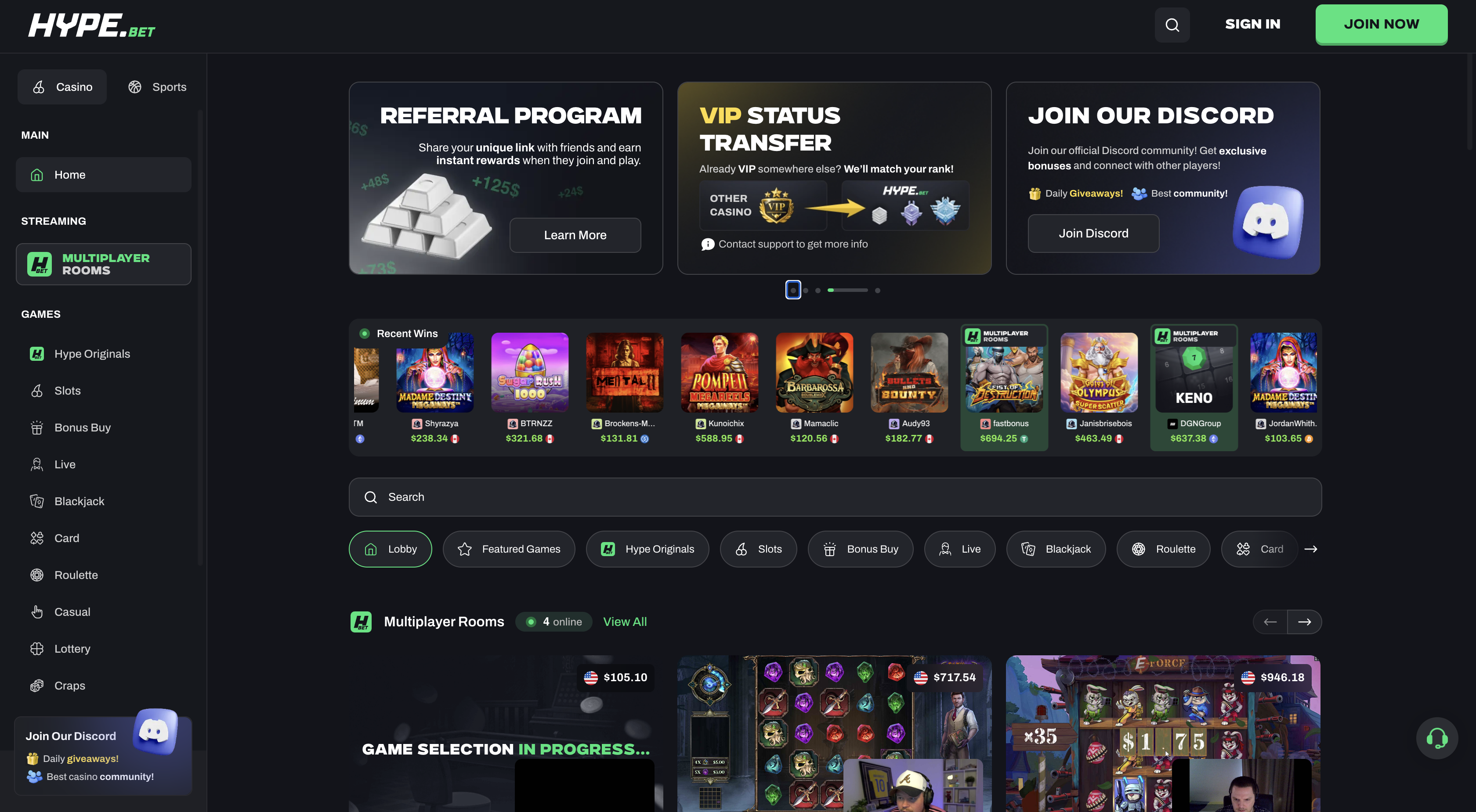 Hype.bet casino interface
