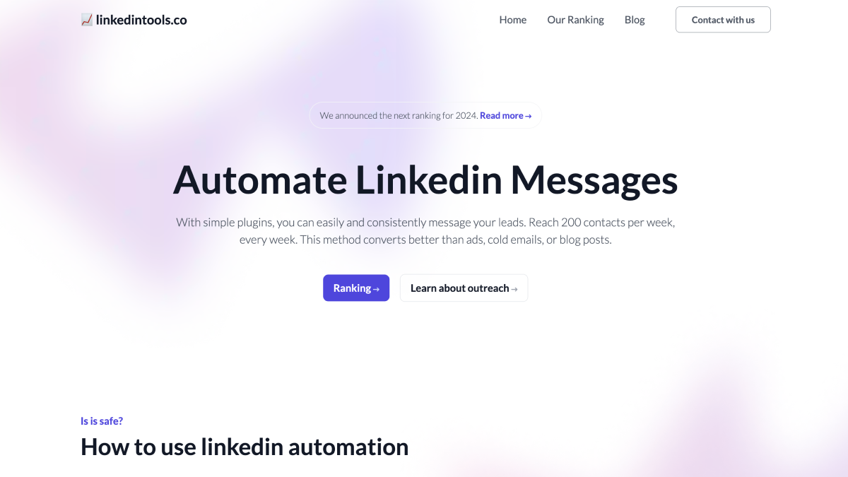 LinkedinTools website for automating LinkedIn messages with purple branding